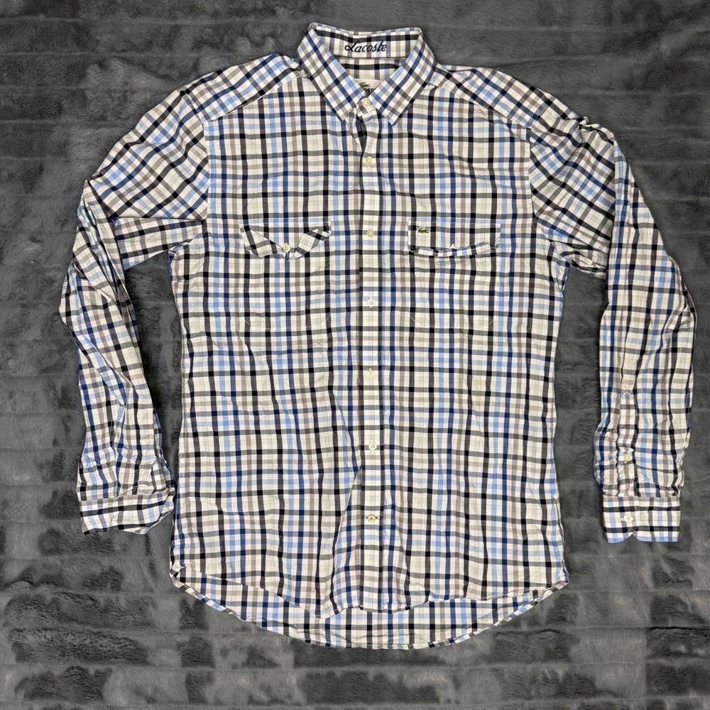 Lacoste Mens Slim Fit Plaid Button Down Shirt Blue White Cotton Size 40 F5182
